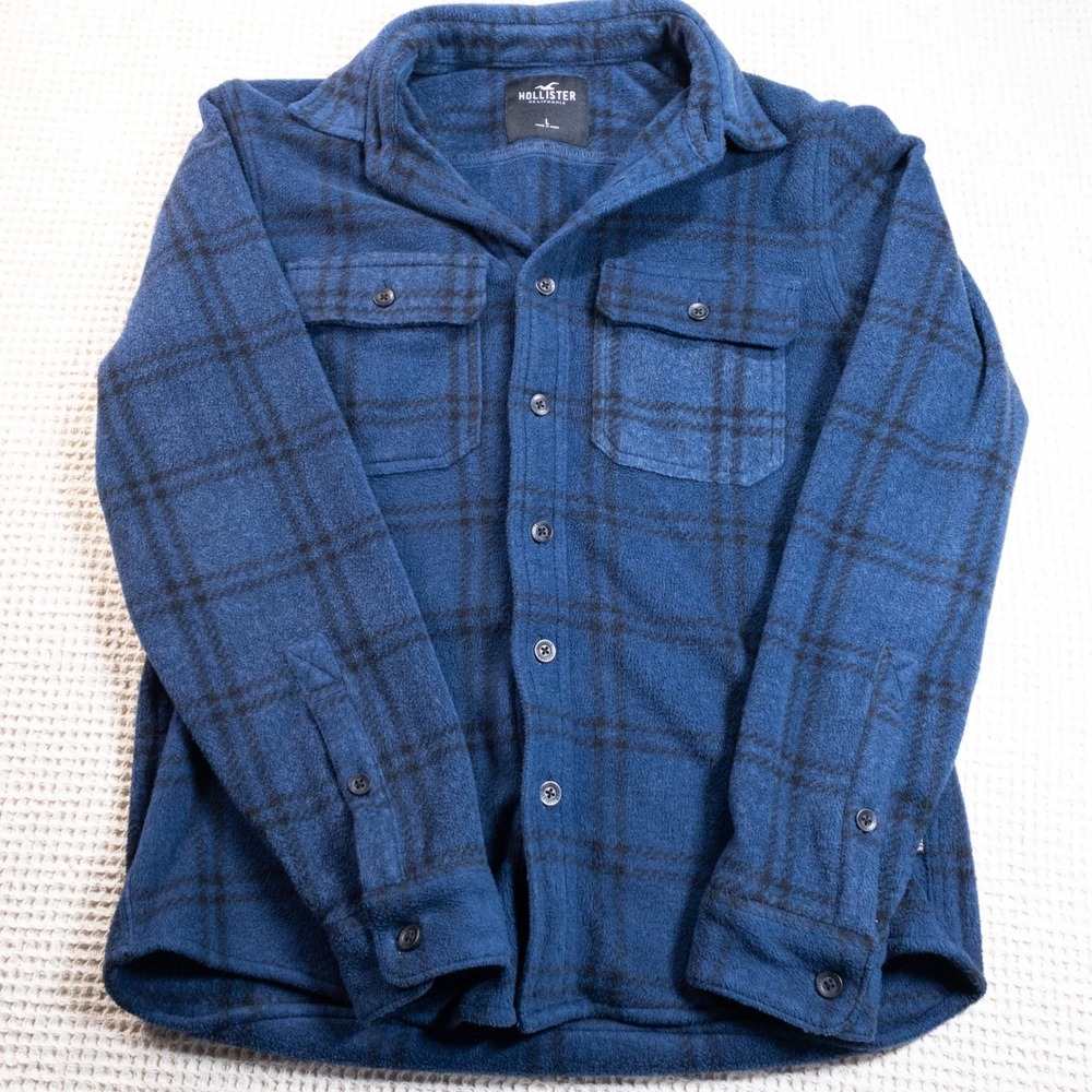 Hollister Mens Blue Black Plaid Fleece Button Up Shirt Large Long Sleeve Jacket
